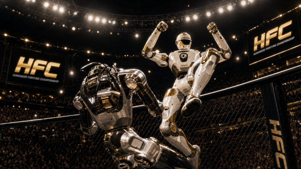A UFC robot fight scene showcasing two robotic fighters in an intense battle inside a futuristic arena.